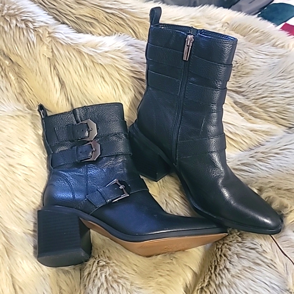 Black leather chunky heel boots